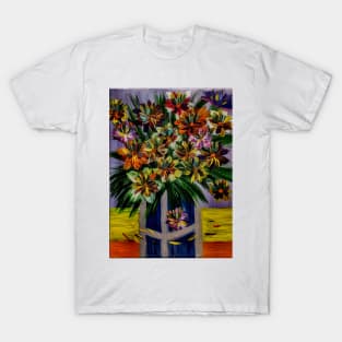 beautiful lovely boutique of abstract vibrant colorful  flowers in a tall glass vase T-Shirt